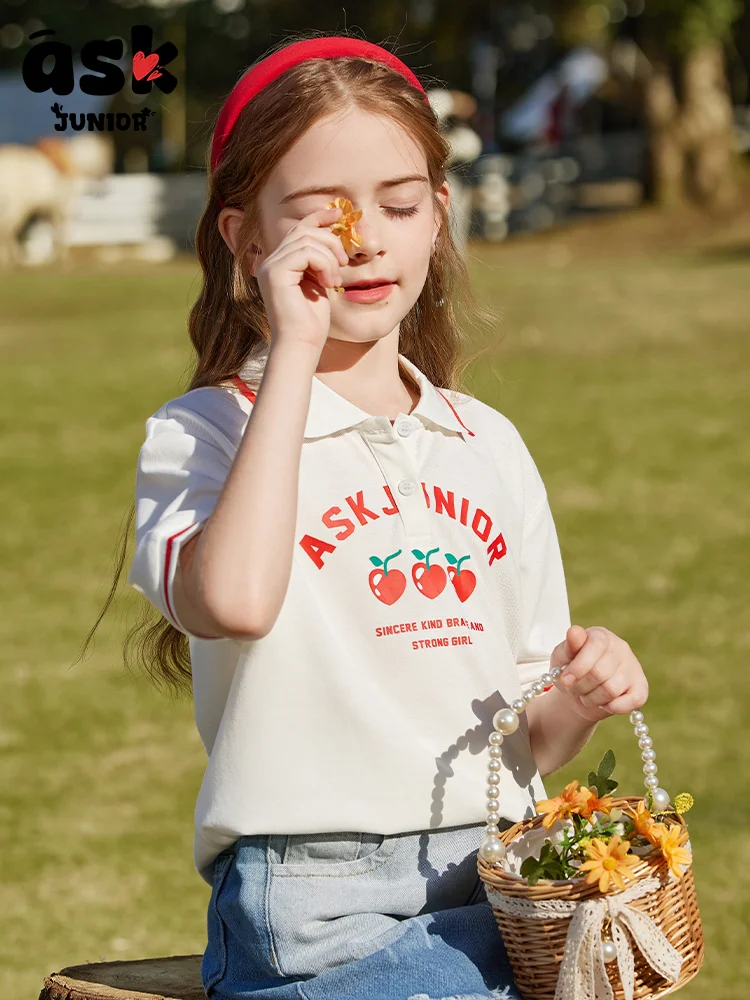 قميص بولو Tween Girls Youthful School Season Preppy Style Sweet كاجوال بنمط مطبوع وطية صدر السترة #4