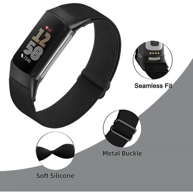 3 Packs Stretchy Nylon Compatible with Fitbit Charge 5 Bands/Fitbit Charge 6 Bands for Women Men, Elastic Adjustable Straps