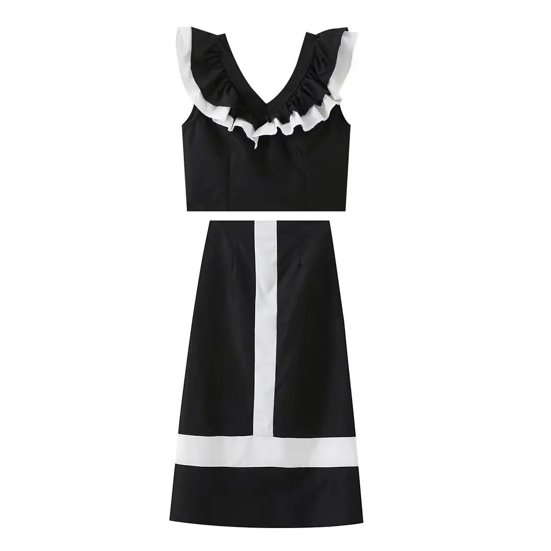 European and American style fashion high-end suit with ruffled V-neck sleeveless top for women with design straight skirt