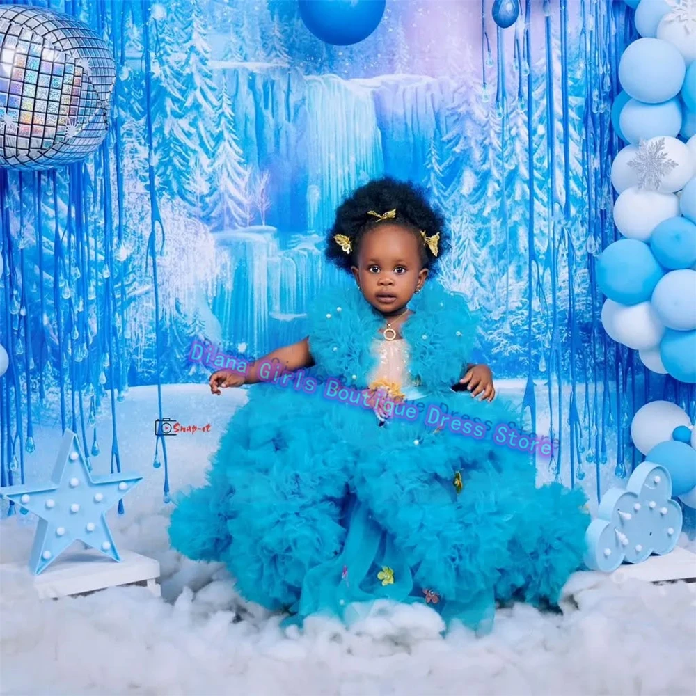 

Lovely Girls Flower Girl Dress Blue Tulle Fluffy Layered with Appliqué for KIds Wedding Birthday Party Evening Party Gowns
