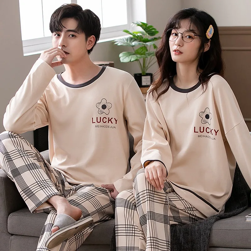 Korean Fashion Homewear Couple Cotton Long Sleeve Sleeping Top & Trouser Nightwear Wome Pyjamas Men Pijamas pijamas para parejas