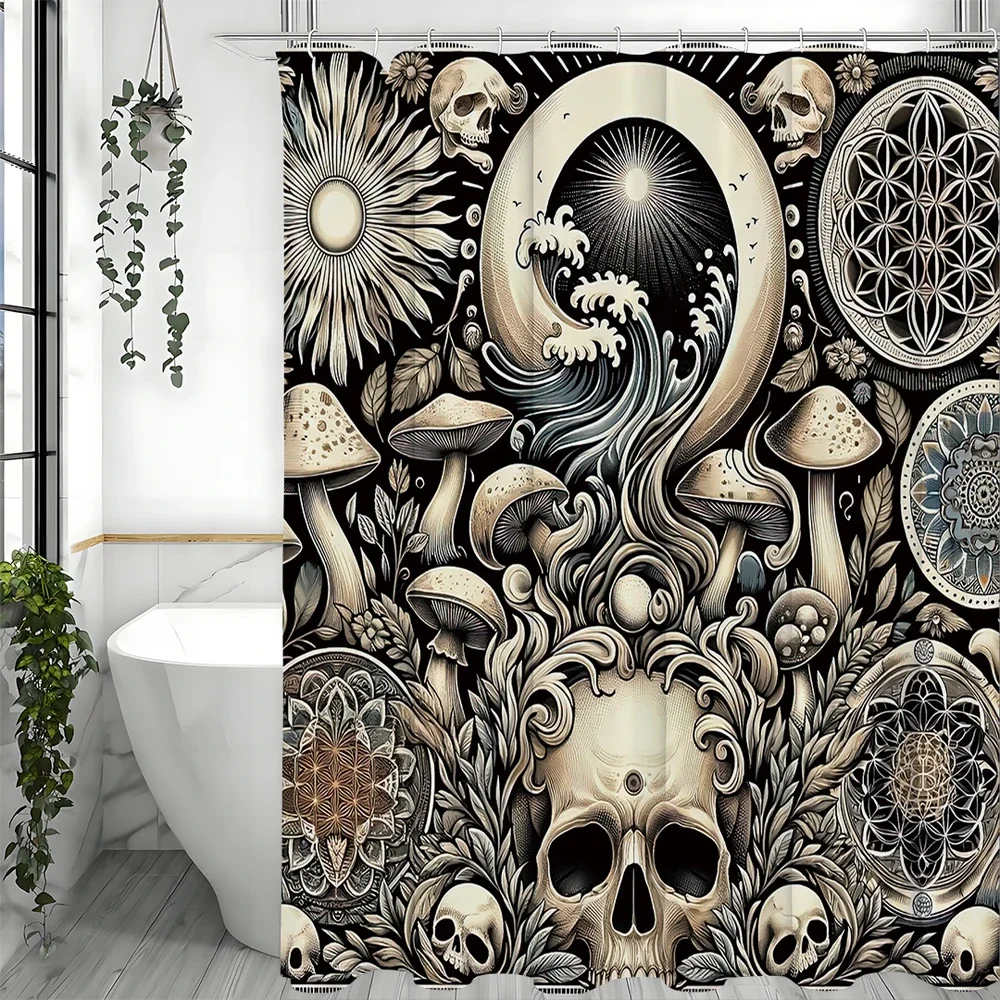

Готический грибной череп и мандала узор таинственная иллюстрация занавеска для душа, декоративная занавеска для душа в ванной комнате, водонепроницаемая ш