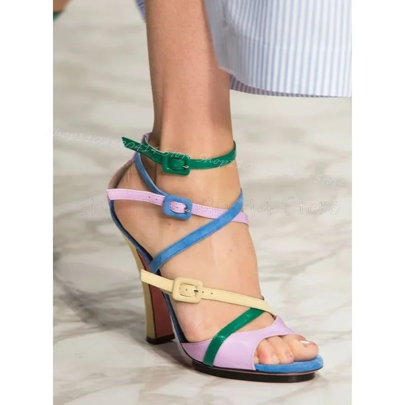 

Mixed Color Strappy Buckle Decor Peep Toe Sandals Ankle Buckle Strap Women Shoes Chunky High Heels New 2025 Zapatos Para Mujere