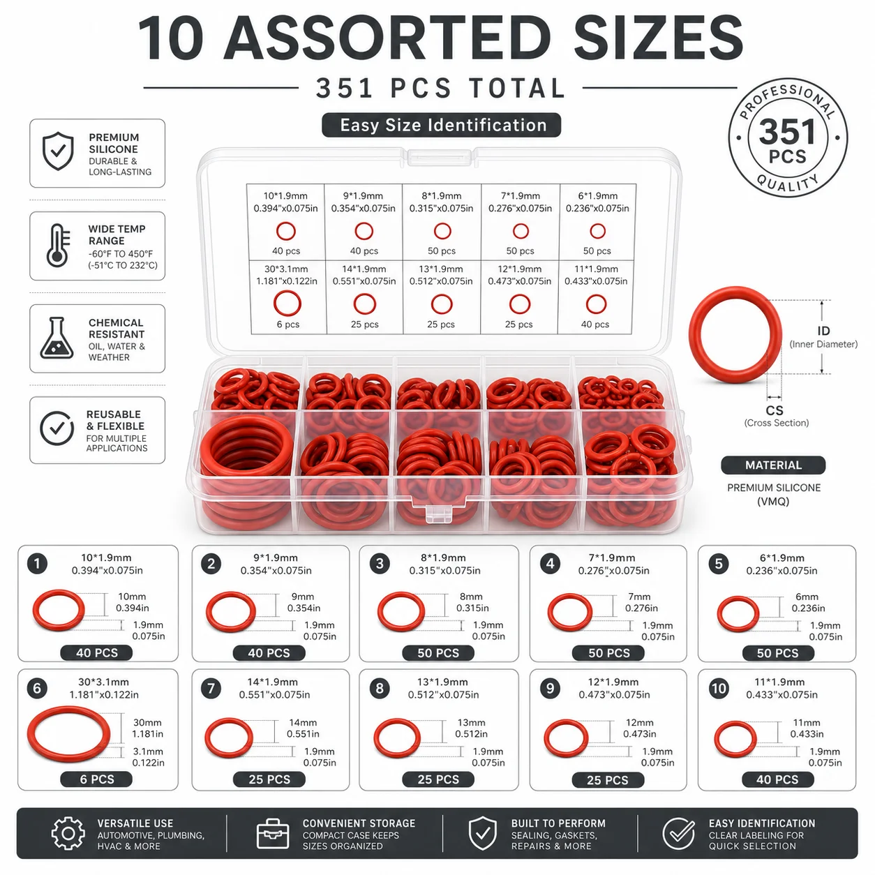 351pcs silicone O-ring set, 10 sizes, oil and heat resistant, suitable for cars and pipelines