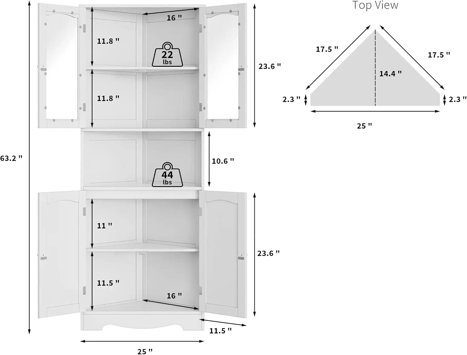63.2인치 높이의 욕실 코너 캐비닛, 유리문이 있는 모던 수납장, 뷔페 허치, 거실용 독립형 팬트리
