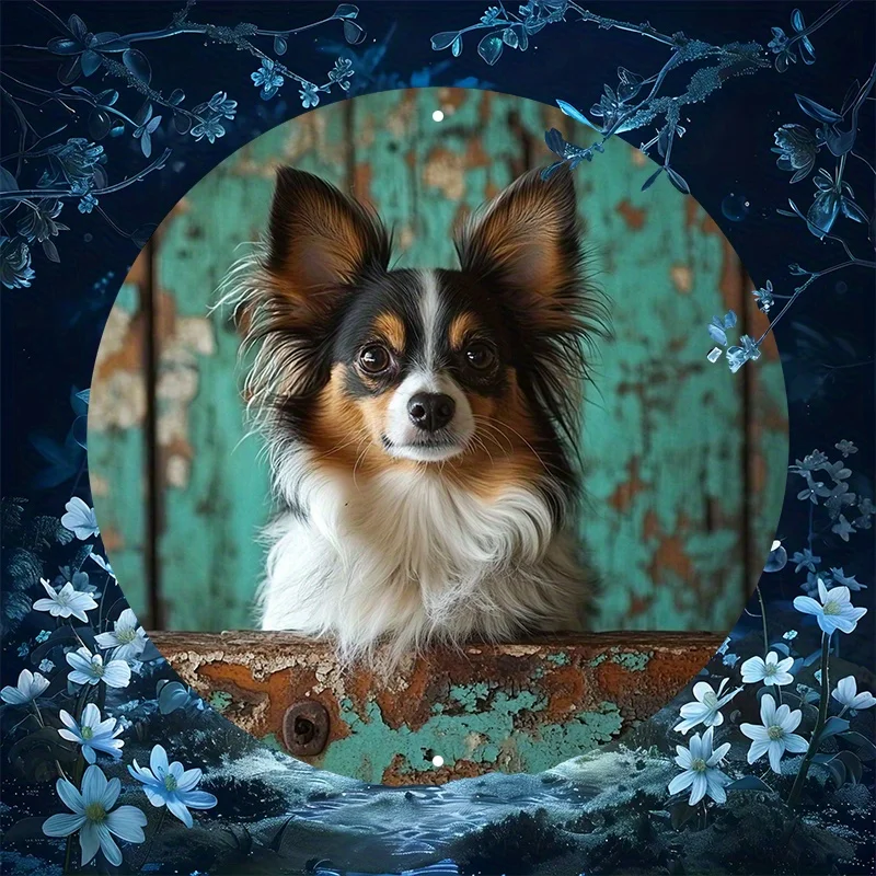 2D Flat - 1pc a 2D Flat Printed Metal Sign Featuring a Papillon Dog Peeking Out from a Wooden Cupboard. This Round Outdoor Sign