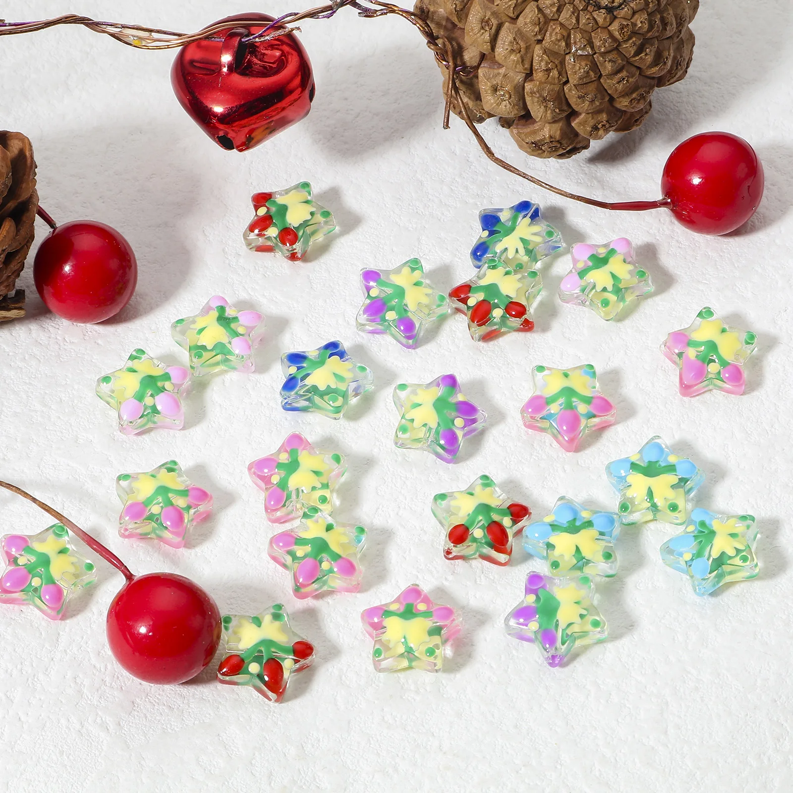 Lampwork Glass Christmas Beads For DIY Charm Jewelry Making Pentagram Star Enamel About 13mm x 13mm, Hole: Approx 1mm, 3 PCs