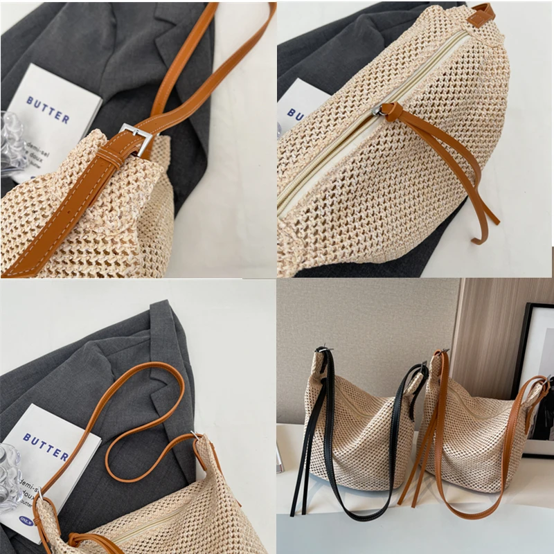 Luxury Design Straw Woven Large Capacity Handbag Casual Women Shoulder Crossbody Bag Solid Color Female Tote Summer Beach Purse