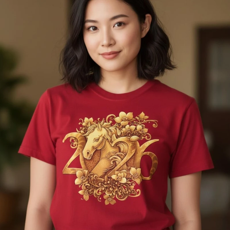 2026 Baumwoll-T-Shirt für das Jahr des Pferdes, chinesisches Neujahrs-T-Shirt, Mondneujahrsgeschenk, rotes Gold, Pferd, Sternzeichen 1717, Glücksfeier-T-Shirts