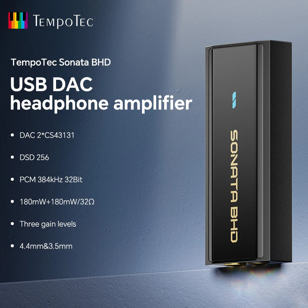 TempoTec Sonata BHD DAC USB Portátil con Amplificador de Auriculares Balanceado de 3.5mm y 4.4mm, Control de Volumen de 3 Niveles, DSD256 PCM384kHz