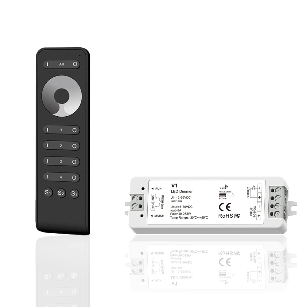 4 Zone Dimming Kit V1 Single Color LED Dimmer DC 5V 12V 24V 36V Push Dimming 13-Key Touch Wheel RF 2.4G Remote Controller RS1