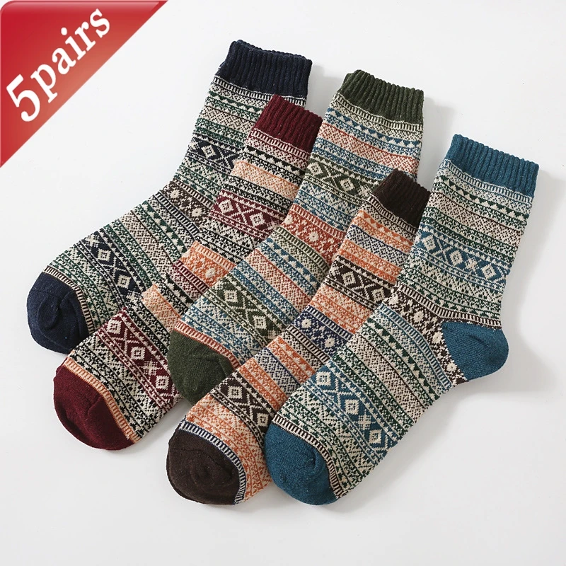 5 Pairs Men's Socks Set Autumn Winter Thick Warm Comfortable Wool Socks Japanese Harajuku Retro Casual Versatile Mid Tube Socks