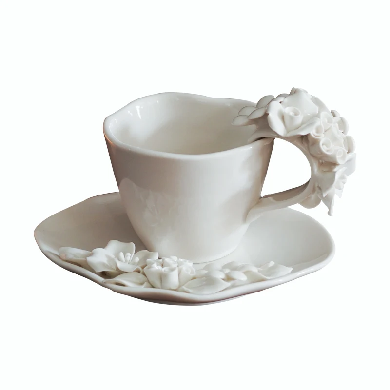 Ceramic 3D Flower Tea Cup Delicate Hand-kneaded Floral Ceramic Coffee Cup Saucer Set Irregular Flower Teacup Snack Plate