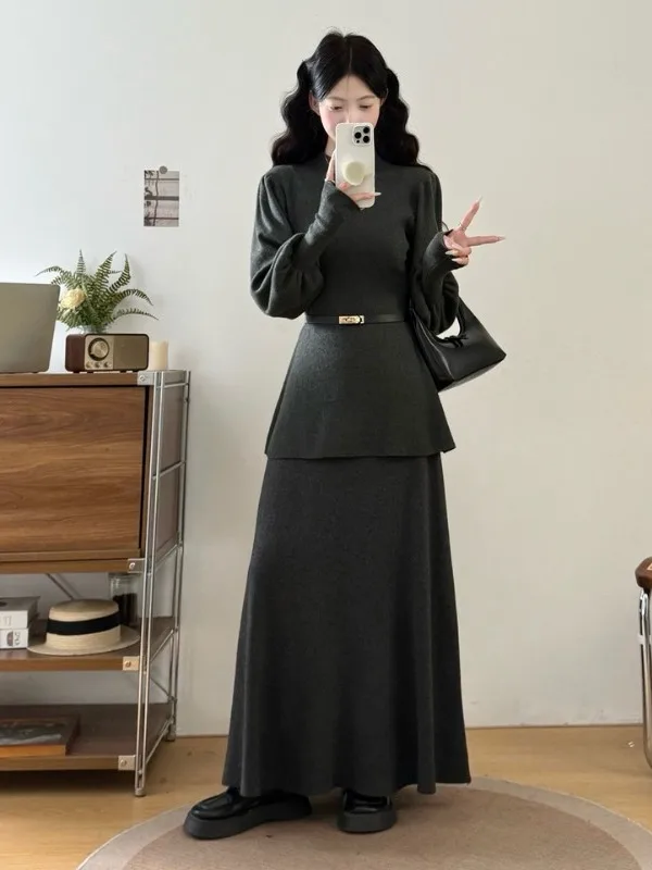 

Комплект для полных женщин: осенне-зимний модный костюм с свитером и юбкой, рукава-фонарики, утянутый по талии, из двух предметов, премиум-класс