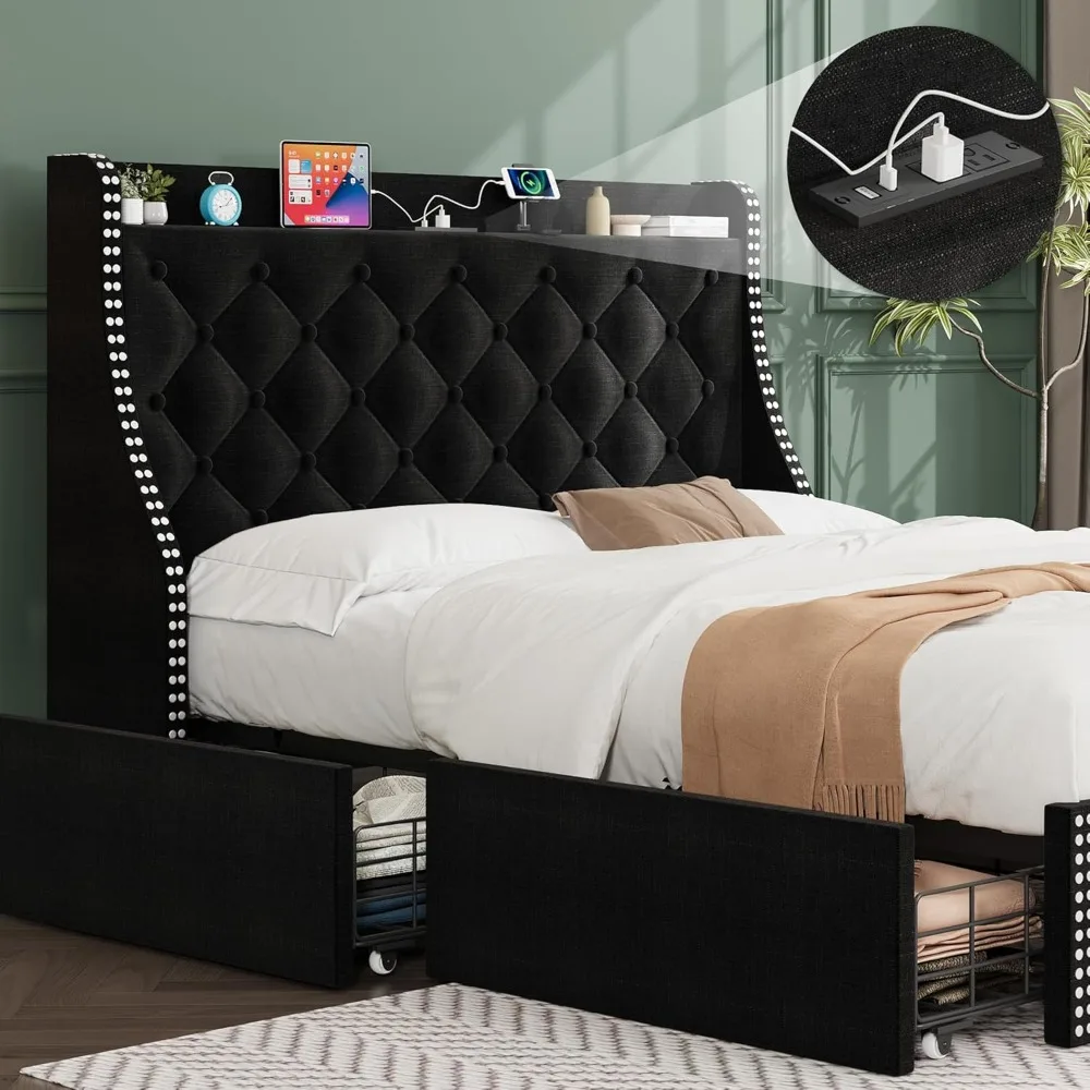 

Queen Bed Frame with 4 Storage Drawers and Wingback Storage Headboard, Charging Station with Type-C & USB Ports, Diamond Stitche