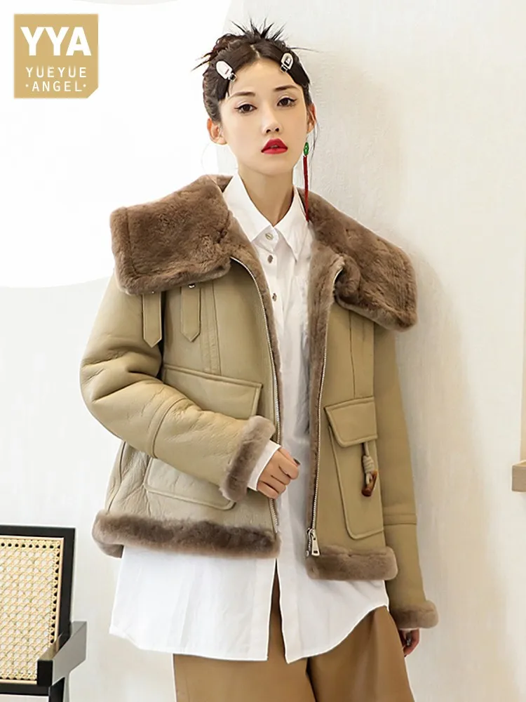 Fashion Winter Wool Lapel Collar Moto Biker Jacket Women Thick Keep Warm Fur Lining Shearling Overcoat Loose Fit Real Fur Jacket