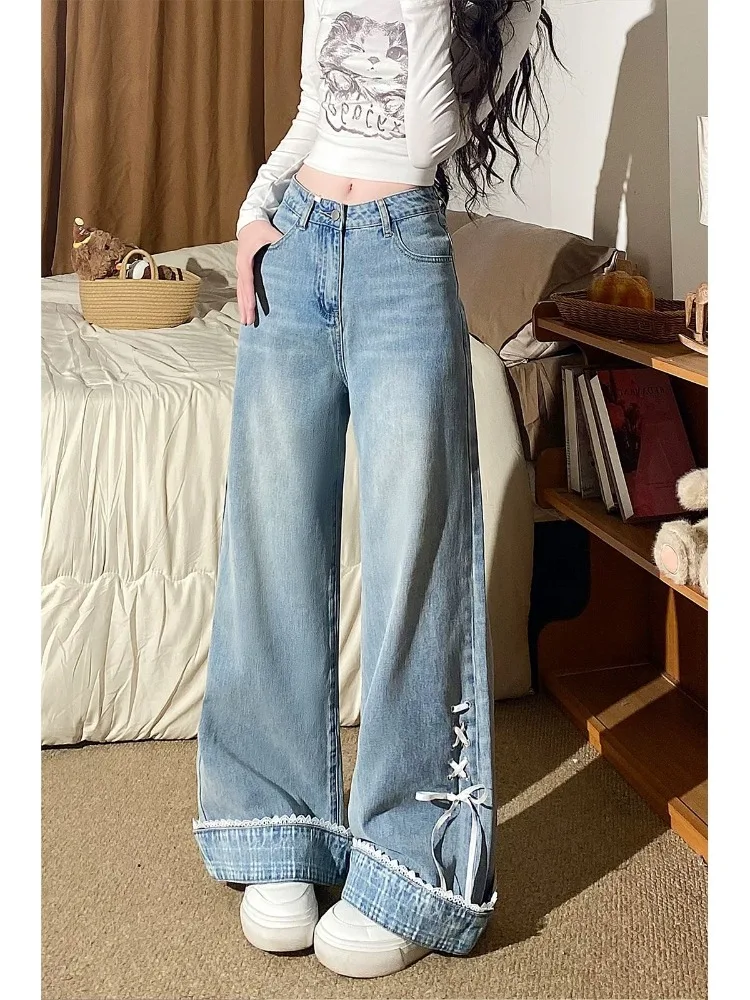 Women's Bow Tie Strap Flanging Jeans Young Girls Sweatpants Casual High Waisted Pants Summer Bottoms Female Wide Leg Trousers