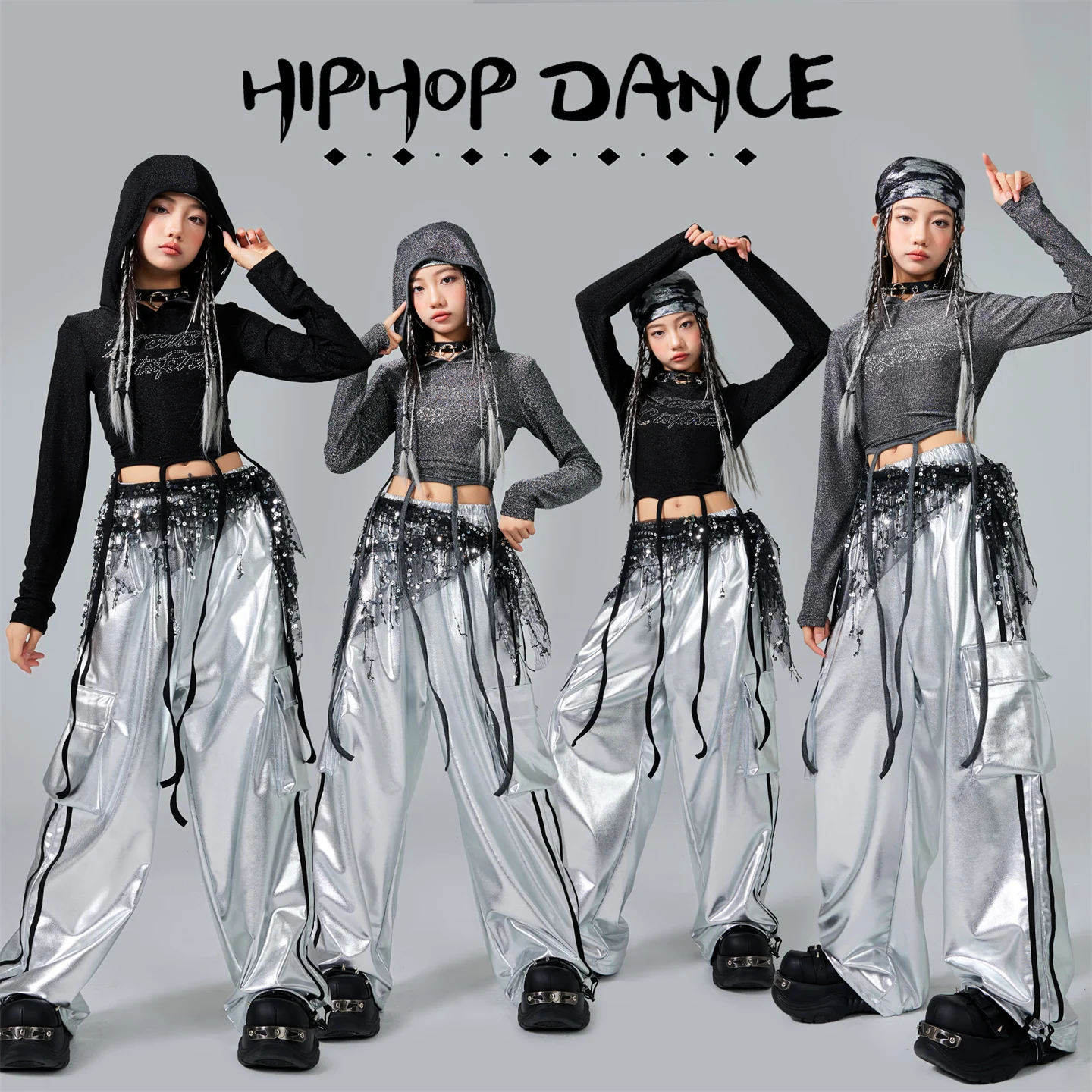 

Детская крутая одежда в стиле хип-хоп, детские костюмы для бальных танцев, толстовки, топ, серебряные штаны для девочек, наряд K-pop для джазовых танцев XS10579