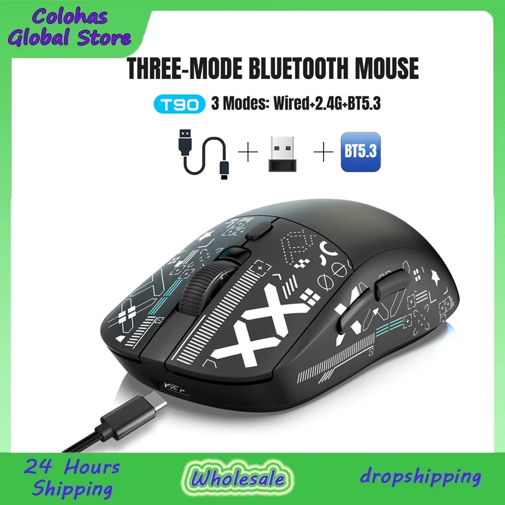 T90 3Modes Bluetooth Gaming Mouse Rechargeable 2.4G USB Wireless RGB(BT1/BT2+ USB) Backlight Mouse For iPad Laptop Computer