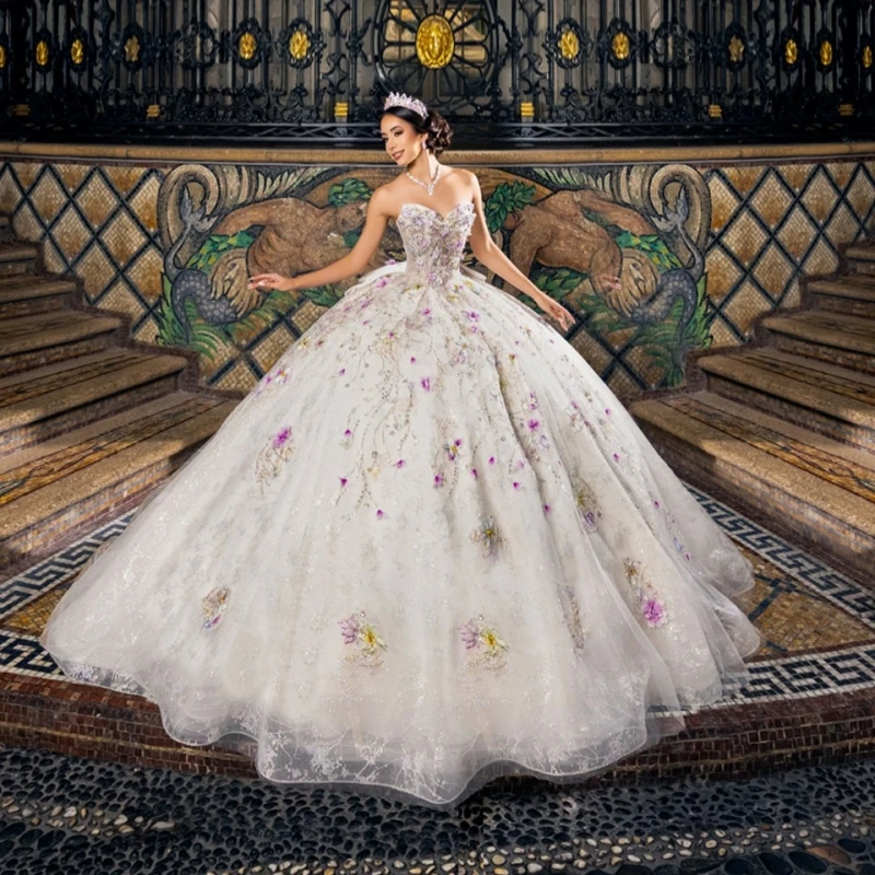 White Glitter Quinceanera Dresses Off Shoulder Ball Gown Sweet 16 Dress Sequin Applique Lace Beads Bow Tull Party Birthday Vetid