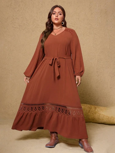 Imagen 1 del producto Vestidos informales de talla grande para mujer, novedad de 2021, color marrón, con cuello en V, a la moda, cinturón de encaje, largo, elegante, informal, para fiesta