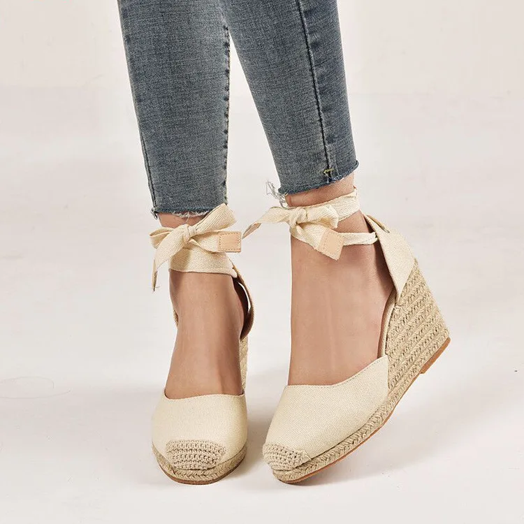 Sandalias de plataforma negras para mujer, zapatos de paja con cuña, Alpargatas Beige hechas a mano, talla grande, 2024 C