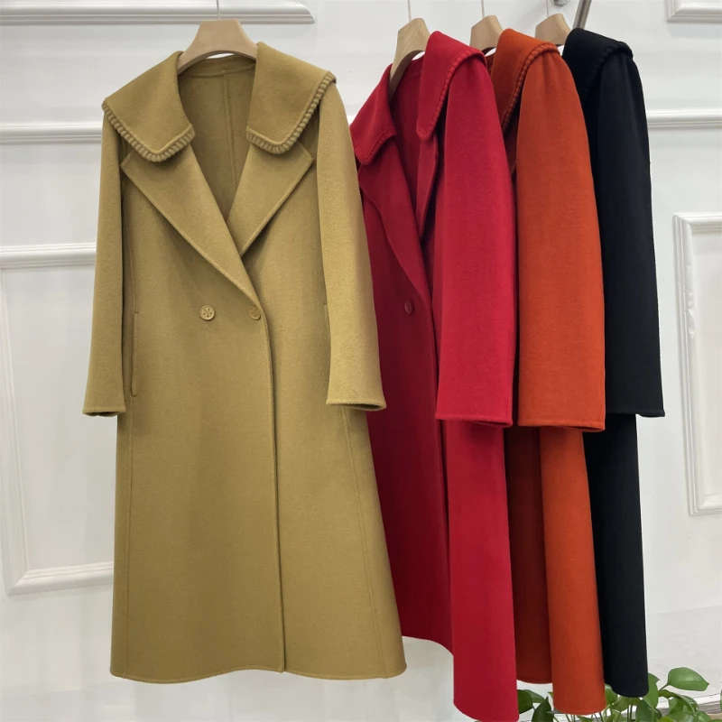 

RosEvans Double-sided Cashmere Coat Women 2024 New Autumn Winter Double Lace Collar Waist High-end Elegant Woolen Word Female