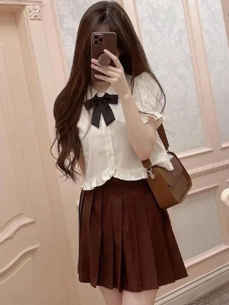 Summer Peter Pan Collar Sweet Womens Blouse Y2k Aesthetic Short Sleeve Bow Blusas Japanese Ruffled Pleated Fairy Fashion Shirt