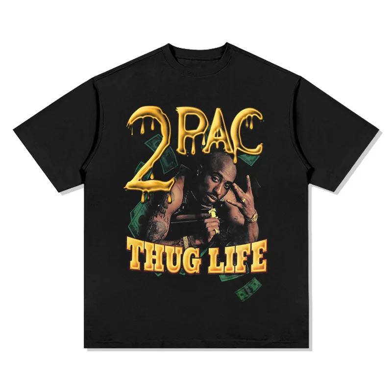2Pac Thug Life Graphic T-Shirt Men's & Women's Oversized Heavyweight Cotton Bold Retro Hip-Hop Streetwear Crew Neck Casual Top