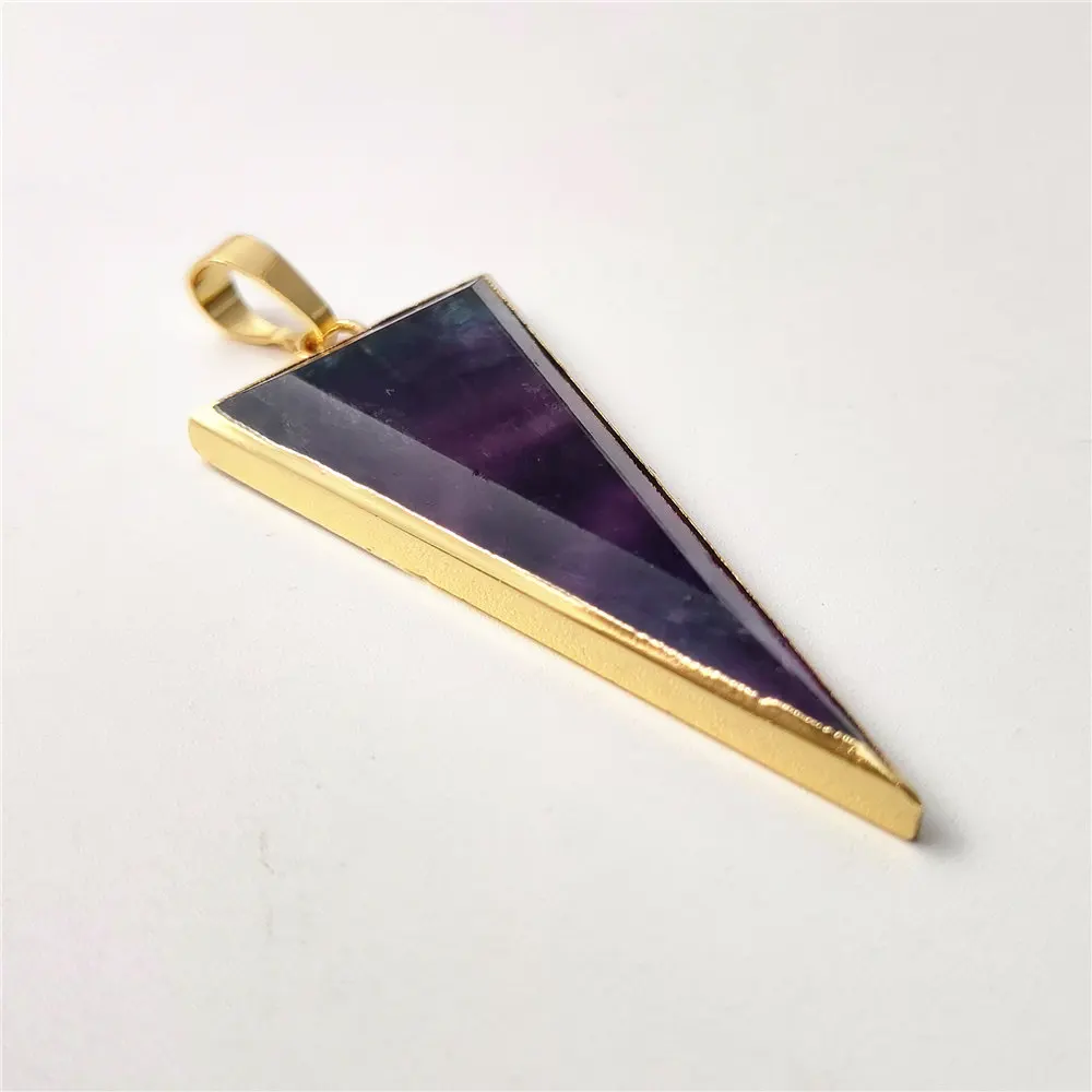 FUWO Wholesale Natural Colored Fluorite Pendant,Golden Plated Long Triangle Crystal Accessory For Jewelry Making 5Pcs/Lot PD430