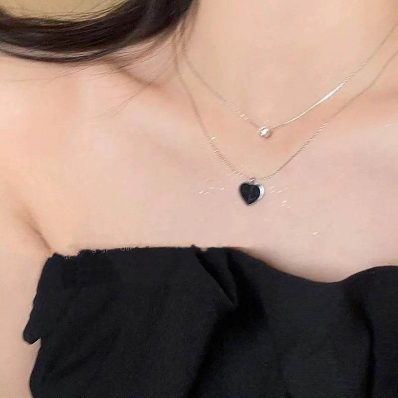 Fashion Unique Double Layer Black Love Heart Neckaces Women Exquisite Light Luxury Zircon Necklace Jewelry Party Gifts