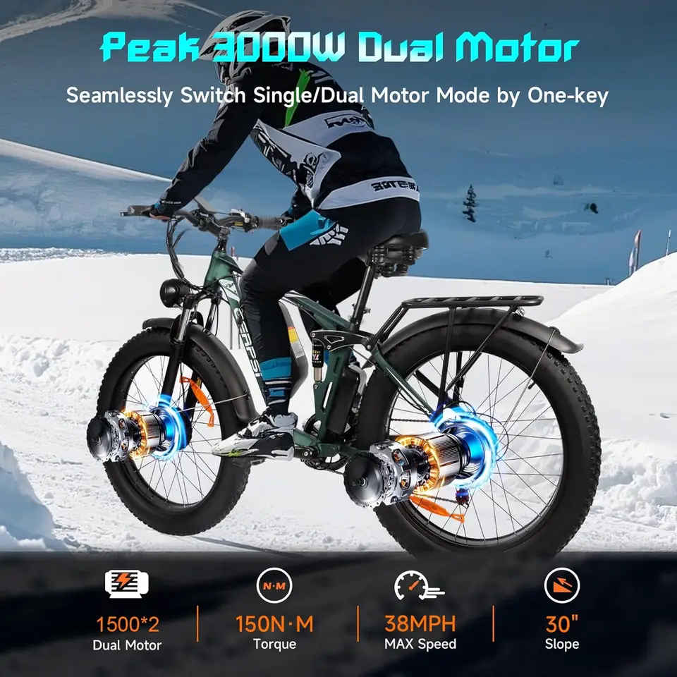 BAOLUJIE 26 Inches Adult Electric Mountain Bike 25Ah Battery, 3000W Dual Motor Ebike, 7-speed Electric Bicycle Fat Tire Ebike image 5