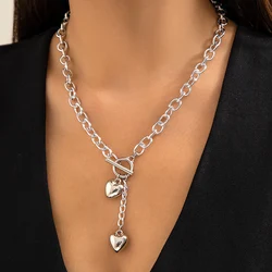 KunJoe Vintage Metal Heart Pendant Necklace for Women Punk Silver Color OT Buckle Long Cross Chain Choker Necklace