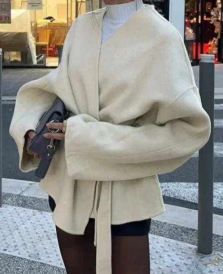 Elegant V-neck Long Sleeve Jacket Fashion Solid Color Lace-up Wool Jacket Belt Women 2025 Autumn Winter Sheepskin coat for women