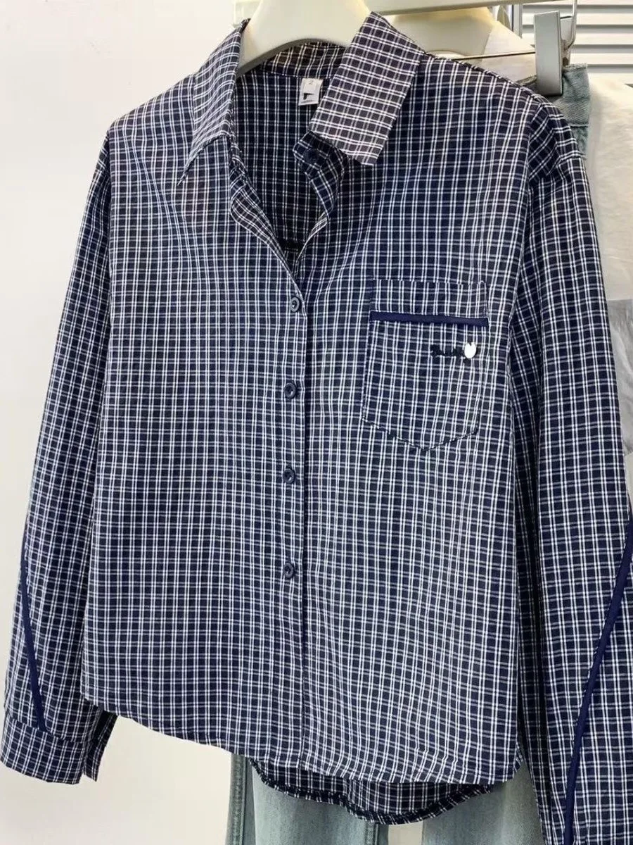 

Sli Blue Plaid Long Sve irt Women's Early Autumn New Sle High-End Feeling Youthful Top Korean Version Commute Sle