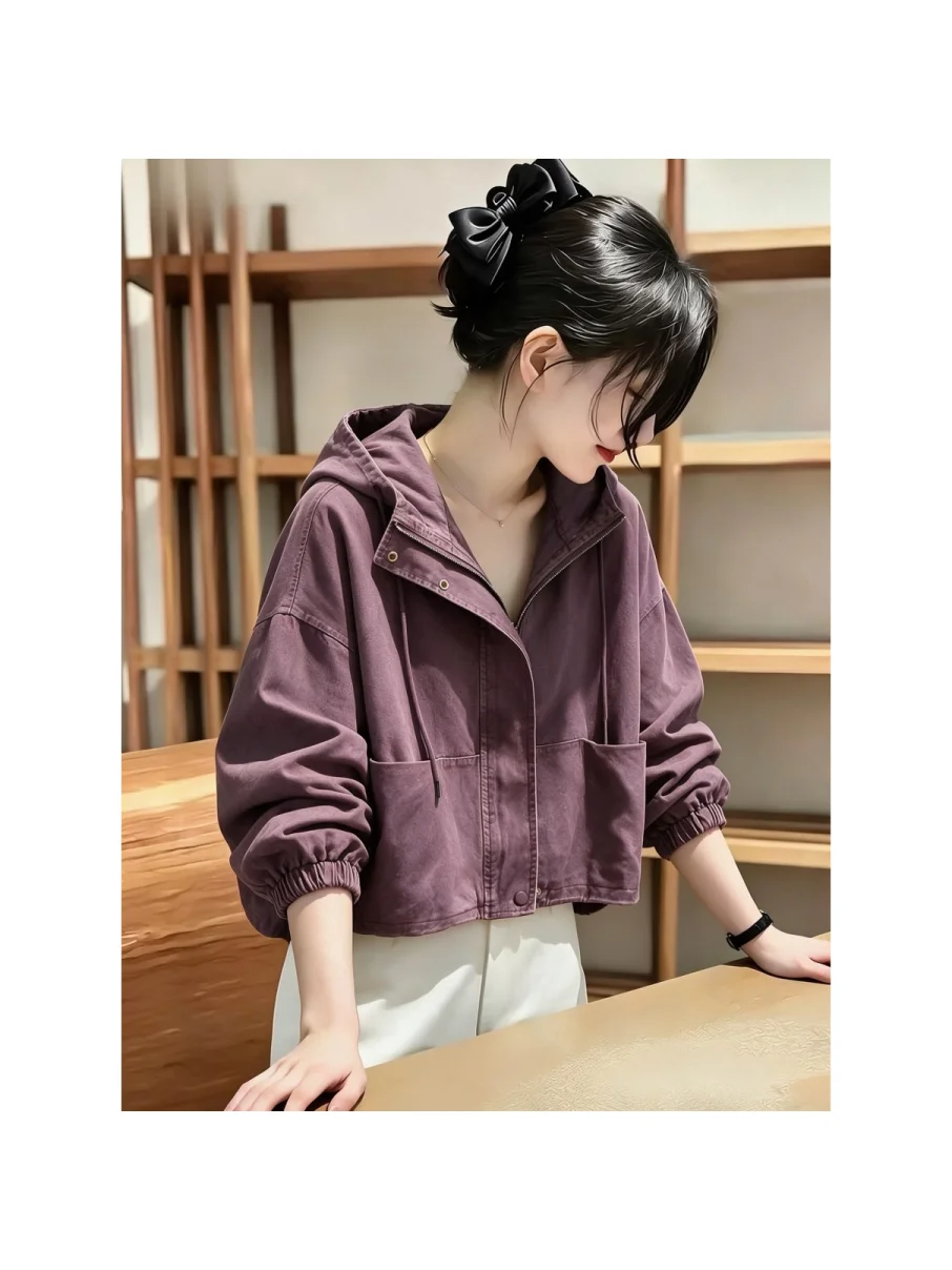 Retro Washed Hooded Jacket Women's Design Spring New Loose Fit Short Outerwear Cotton Commute Style Zipper Decorated Long Sleeve