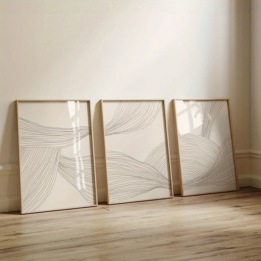 مجموعة 3 قطع من فن الحائط المحايد باللون البيج التجريدي، طباعة فاخرة وعصرية، فن جمالي، ملصق، قماش شمالي بسيط وحديث #4