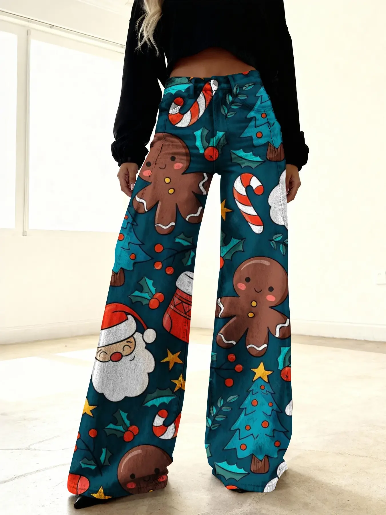2026Christmas women's imitation denim printed high waisted flared pants, sweet and cute, All-season
