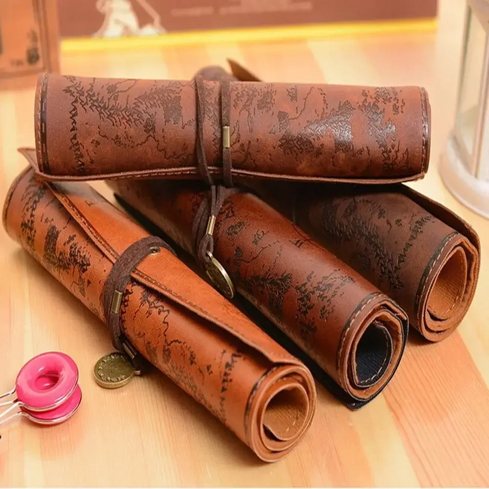 Fashion Vintage Luxury Treasure Map Roll Case Bag Purse Pouch Leather Cosmetic Make Up PU Bag Pen Pencil Case for School