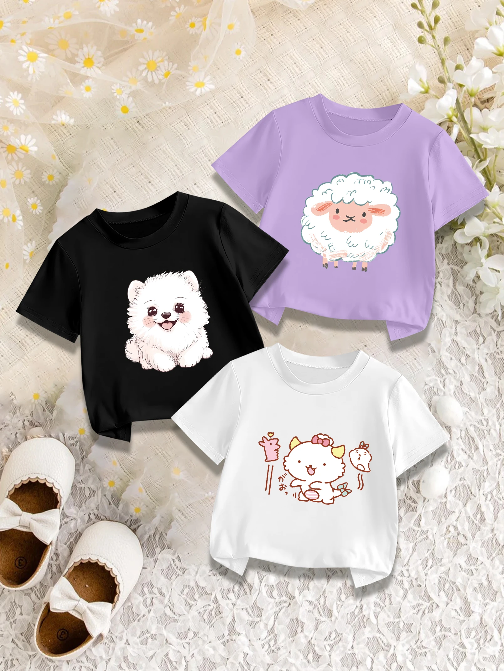 

3 предмета: летние милые футболки для девочек с графическим принтом в виде мультяшного дракона, щенка и овечки.