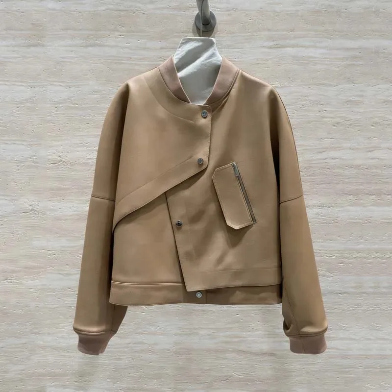 Women's Orange Genuine Leather Bomber Jacket Asymmetric Button Design Real Lambskin Cropped Coat with Zipper Pocket Streetwear