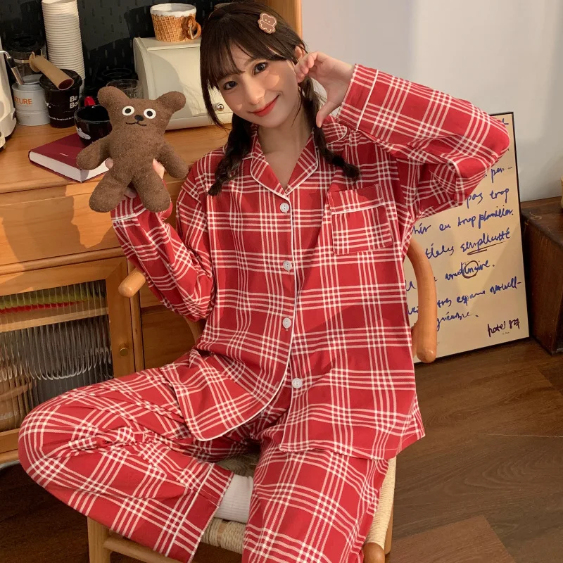 Red New Retro Red Plaid Cardigan Long Pants, Pajama Set, Spring Japanese Loungewear Youth Girls Lapel Sleepwear Student\'s Pj Set