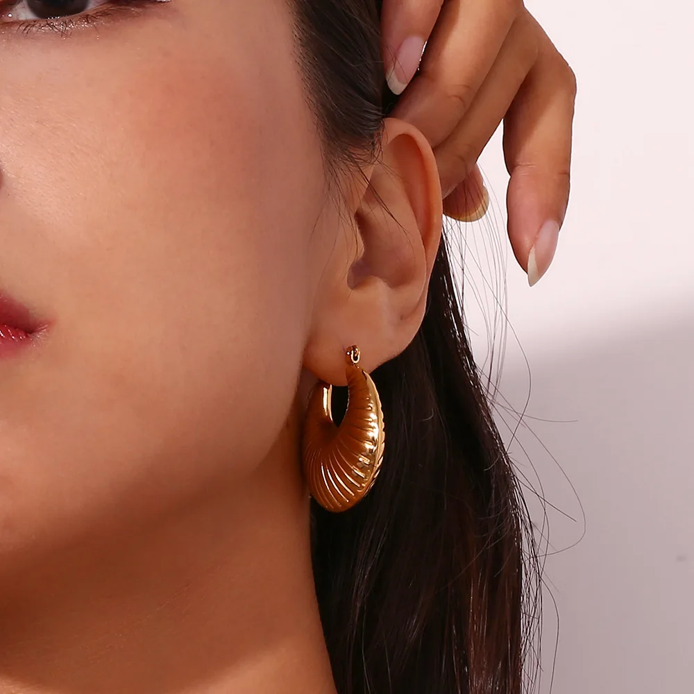 Fashion Punk Round Exquisite Hoop Earring for Women Geometric Texture Thick Gold Color Stainless Steel Earring Jewelry image 5