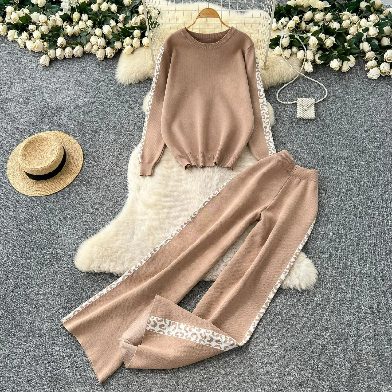 

Women Print Wide Leg Pant Sets Two Piece Set Round Neck Sweaters Knit Long Sleeve Casual Loose Pullovers Elegant Pants