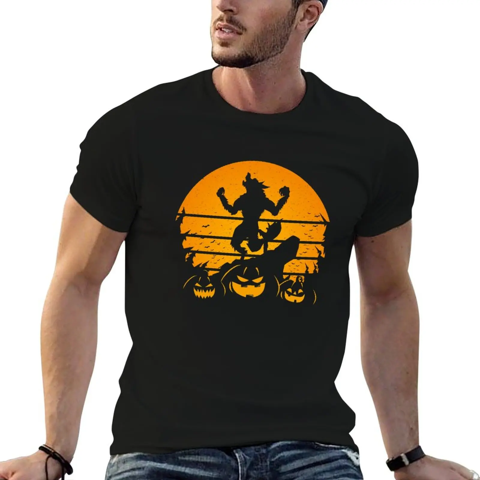 Halloween werewolf - vintage retro halloween moon werewolf T-Shirt Basic Plain Tee for Spring and Summer
