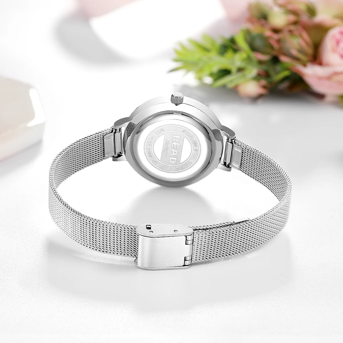 READ Women Quartz Watch | Minimal Diamond‑Dot Dial | Stainless Steel Mesh Band | 30M Water Resistant Folding Clasp Dress Watch