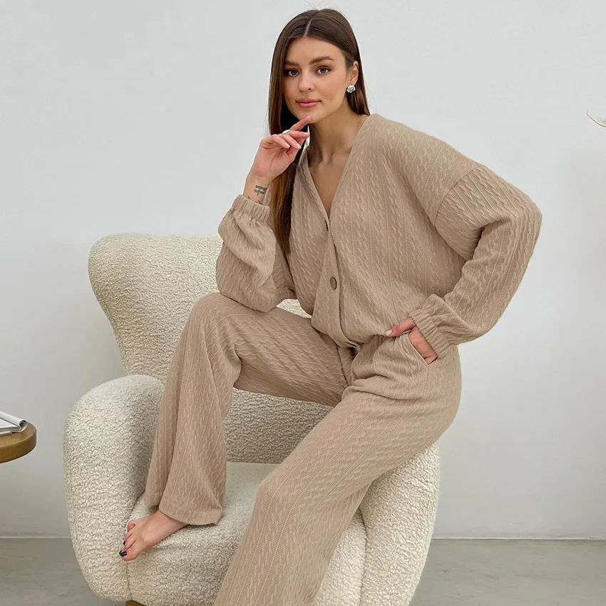 Autumn Loose Knit Pajama Sets For Women Long Sleeve Cardigan Tops With Trousers Two Piece Suit Casual Home Sleepwear Lady Pyjama