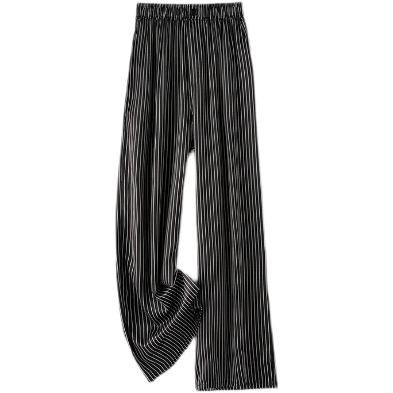 Striped Heavyweight 30MM 93% Natural Mulberry Silk Elastic Satin Women's High Waisted Casual Nine Points Straight Leg Pants