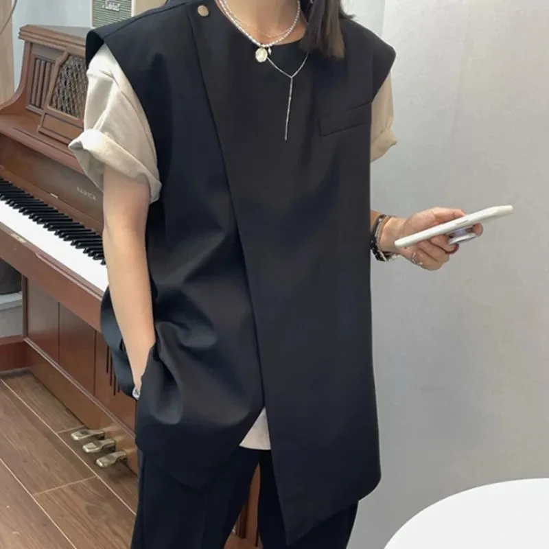 Korean Style Suit Vest Coat Women Vintage Loose Sleeveless  Workwear Blazer Ladies Gilet Spring Fall Irregular Black Waistcoat