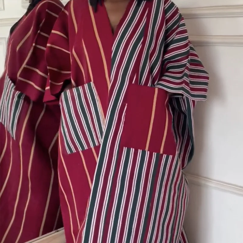 Elegant Women Striped Dresses V Neck Short Sleeves with Pockets Patchwork Loose Long Africa Robe Causal Party Church Clothing
